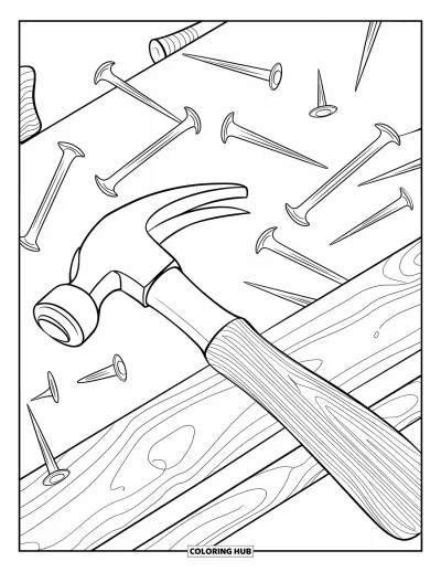 Coloriage de la lettre H pour enfants : Un simple marteau repose parmi des outils éparpillés sur un établi en bois