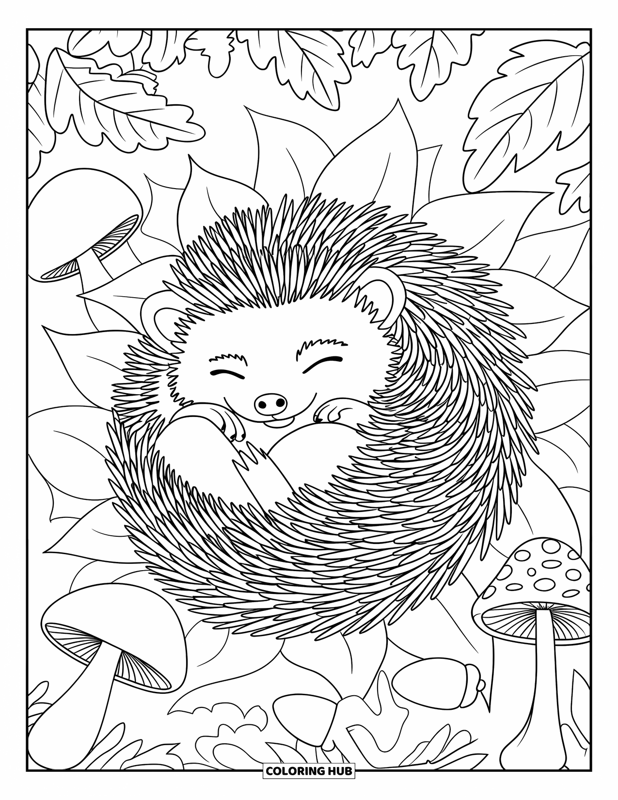 Letter H Coloring Page for Kids: A sleepy hedgehog curls up in leaves beside mushrooms and tiny acorns