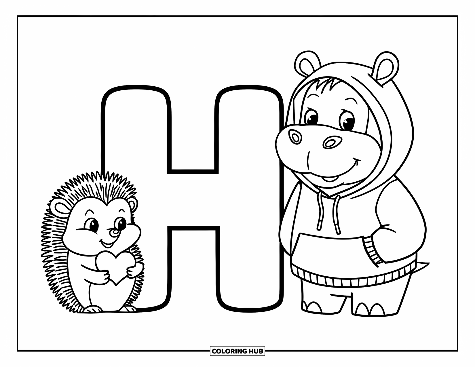 Letter H Coloring Page for Kids: A smiling hippo and a sweet hedgehog sit beside big and little Hs
