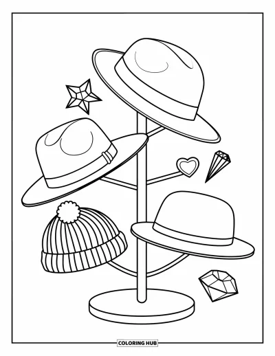 Coloriage de la lettre H pour enfants : Un présentoir de chapeaux élégants avec des épingles décoratives attend d'être essayé