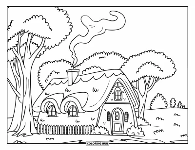 Coloriage de la lettre H pour enfants : Un petit chalet est niché dans une clairière boisée sous un ciel avec des arbres au loin