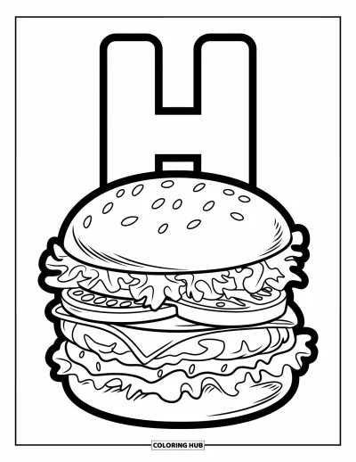 Coloriage de la lettre H pour enfants : Un grand hamburger se tient fièrement avec un H géant derrière lui