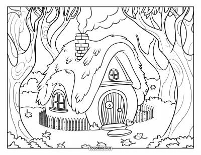 Coloriage de la lettre H pour enfants : Une maison en bois se profile entre des arbres nus avec des feuilles éparpillées en dessous