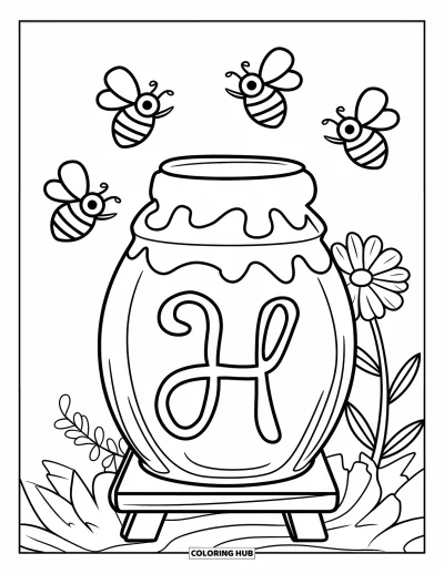 Coloriage de la lettre H pour enfants : Un support en bois tient un pot de miel avec des abeilles qui volent près de la lettre H