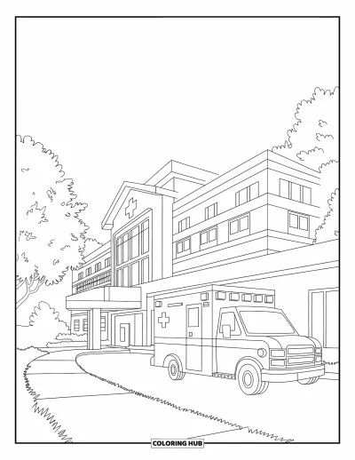 Coloriage de la lettre H pour enfants : Une ambulance attend devant un hôpital entouré d'arbres avec un chemin bien dégagé