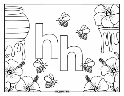 Coloriage de la lettre H pour enfants : Le H et le h sont entourés d'abeilles bourdonnantes, de pots de miel et de fleurs d'hibiscus