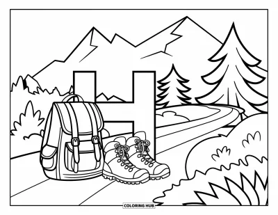 Coloriage de la lettre H pour enfants : Des chaussures de randonnée et un sac à dos sont posés près de la lettre H sur un sentier de montagne