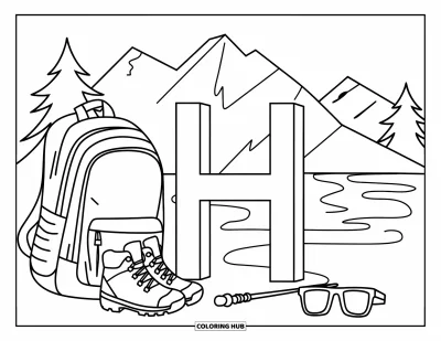 Coloriage de la lettre H pour enfants : Du matériel de randonnée entoure la lettre H sur fond de sommets et de sapins