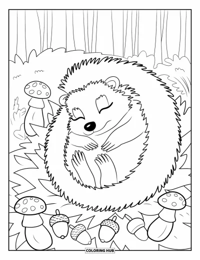Coloriage de la lettre H pour enfants : Niché dans des feuilles, un hérisson se repose avec des champignons et des glands autour de lui
