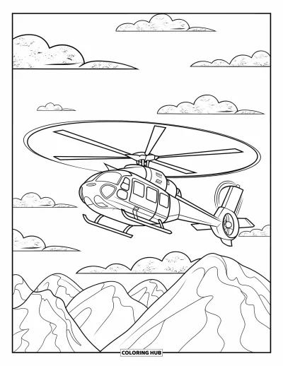 Coloriage de la lettre H pour enfants : Des pales tournent pour soulever un hélicoptère au-dessus d'un terrain montagneux escarpé