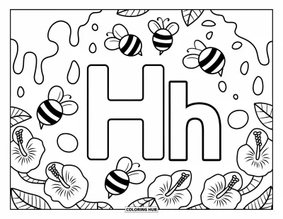 Coloriage de la lettre H pour enfants : Le H majuscule et le h minuscule sont encadrés par du miel, des fleurs d'hibiscus et des abeilles joyeuses