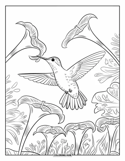 Coloriage de la lettre H pour enfants : Ailes déployées, un colibri se nourrit de fleurs dans un jardin fleuri