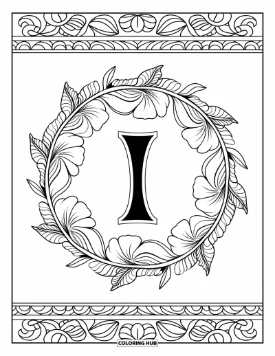 Coloriage de la lettre I pour adultes : Une lettre I bien marquée repose dans un cercle floral d'hibiscus et de motifs feuillus