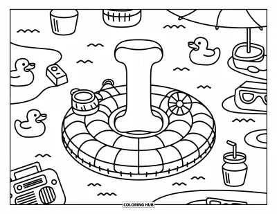 Coloriage de la lettre I pour adultes : Une joyeuse lettre I se prélasse sur une bouée gonflable entourée d'accessoires estivaux ludiques