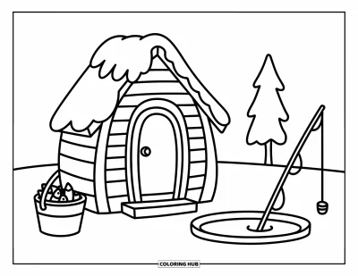 Coloriage de la lettre I pour adultes : Une charmante cabane avec la lettre I en guise de porte est entourée de petits poissons et d'équipement de pêche
