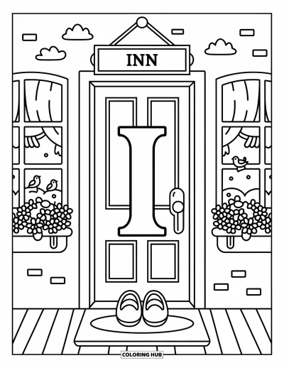 Coloriage de la lettre I pour adultes : Une auberge chaleureuse entoure la lettre I avec des pots de fleurs, des nuages et d'adorables petits détails