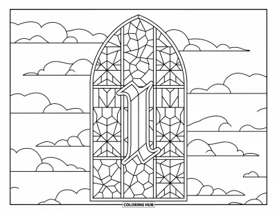Coloriage de la lettre I pour adultes : Une lettre I de style gothique se trouve dans un vitrail aux motifs floraux