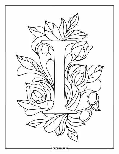 Coloriage de la lettre I pour adultes : Une grande lettre I est centrée dans un zentangle végétal avec des fleurs et des volutes