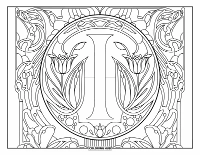 Coloriage de la lettre I pour adultes : Une grande lettre I est encadrée de lianes élégantes et de tulipes dans un style art nouveau