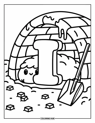 Coloriage de la lettre I pour adultes : Une lettre I toute ronde est nichée dans un igloo avec des cubes de glace et une pelle à neige
