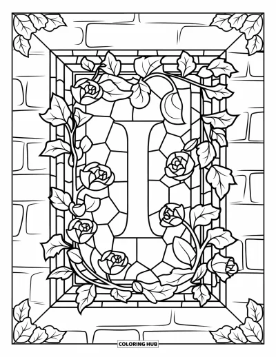 Coloriage de la lettre I pour adultes : Un cadre en vitrail de roses et de lierre entoure une gracieuse lettre I