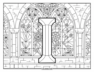 Coloriage de la lettre I pour adultes : Une lettre I en pierre repose dans une cathédrale ornée de vitraux floraux et d'arches