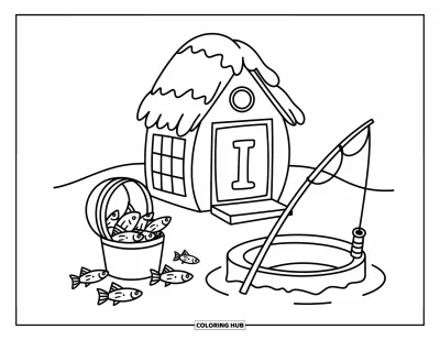 Coloriage de la lettre I pour adultes : Une petite cabane avec la lettre I en guise de porte est entourée de poissons et d'un charme hivernal