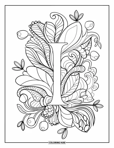 Coloriage de la lettre I pour adultes : Un élégant I trône au milieu d'un zentangle rempli de feuilles et de fleurs