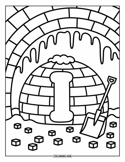 Coloriage de la lettre I pour adultes : Un igloo abrite la lettre I toute gonflée, avec des stalactites de glace, des cubes et une atmosphère hivernale ludique