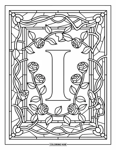 Coloriage de la lettre I pour adultes : Du lierre et des roses encadrent une lettre I décorative dans un motif de vitrail