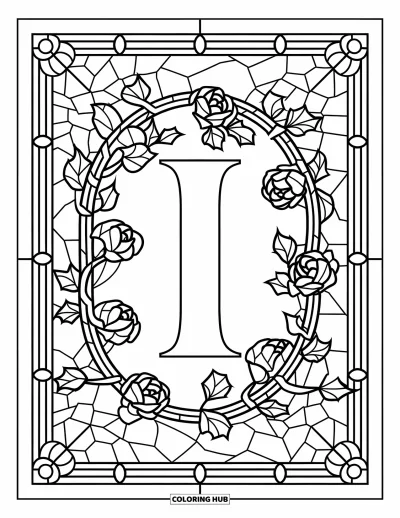Coloriage de la lettre I pour adultes : Des lianes de lierre et des roses s'enroulent autour d'une lettre I décorative dans un cadre style vitrail