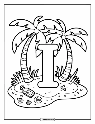 Coloriage de la lettre I pour adultes : Des palmiers se penchent sur la lettre I sur une plage avec des coquillages et une petite bouteille