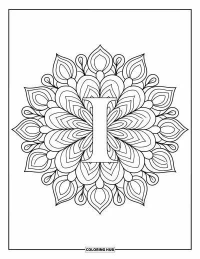 Coloriage de la lettre I pour adultes : Des pétales et des lianes rayonnent depuis un mandala avec la lettre I en son centre