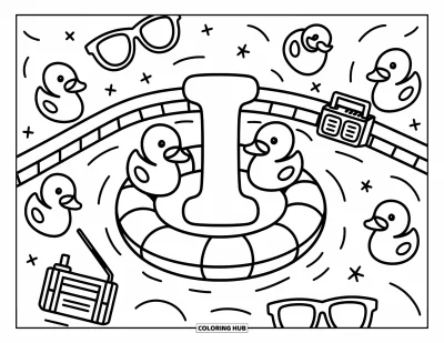 Coloriage de la lettre I pour adultes : Des canards en caoutchouc et des briques de jus entourent la lettre I flottante dans une pataugeoire