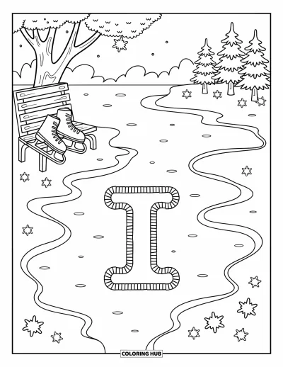 Coloriage de la lettre I pour adultes : Des patins suspendus près d'un banc pendant que la lettre I brille sur le lac gelé