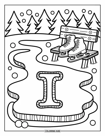 Coloriage de la lettre I pour adultes : La lettre I est gravée dans un lac gelé à côté de patins et de sapins enneigés