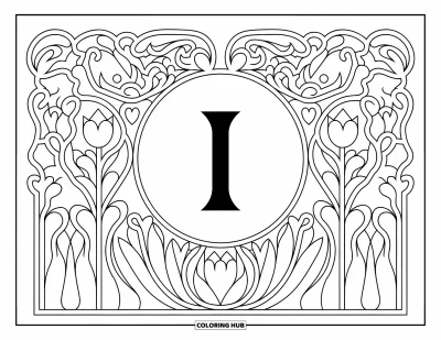 Coloriage de la lettre I pour adultes : La lettre I est entourée d'un cadre art nouveau floral de tulipes et de lianes