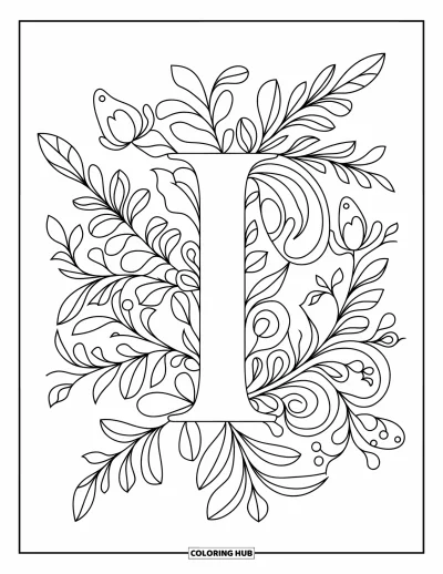 Coloriage de la lettre I pour adultes : La lettre I est enveloppée dans des motifs zentangle floraux et végétaux très détaillés