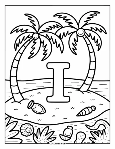 Coloriage de la lettre I pour adultes : La lettre I est allongée dans le sable, entourée de palmiers et d'un message dans une bouteille