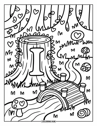 Coloriage de la lettre I pour adultes : La lettre I se loge près d'une souche avec du lierre, des champignons et un petit pont gravé d'un cœur