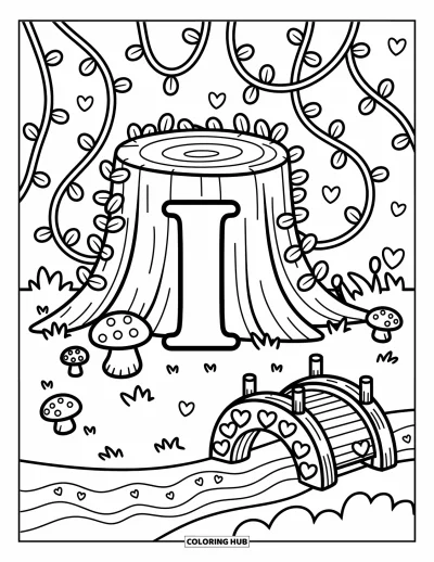 Coloriage de la lettre I pour adultes : La lettre I repose près d'une souche en forêt avec du lierre, des champignons et de joyeux escargots