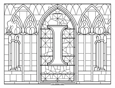 Coloriage de la lettre I pour adultes : La lettre I repose dans une scène de vitrail gothique aux panneaux floraux et géométriques