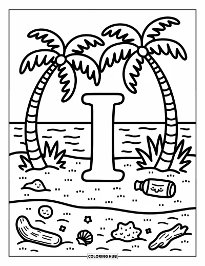 Coloriage de la lettre I pour adultes : La lettre I se repose tranquillement sur le rivage avec des palmiers et un message caché à proximité