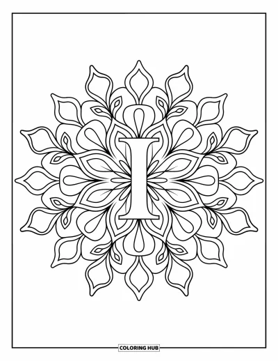 Coloriage de la lettre I pour adultes : La lettre I est au centre d'un mandala symétrique aux détails floraux
