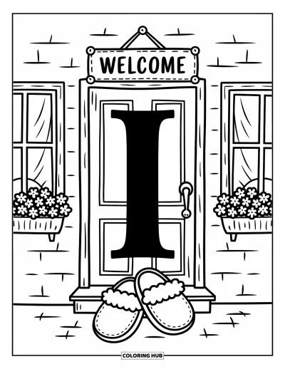 Coloriage de la lettre I pour adultes : La lettre I trône fièrement à l'entrée d'une auberge accueillante avec des fleurs et des chaussons