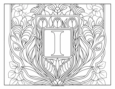 Coloriage de la lettre I pour adultes : Des tulipes et des volutes de lianes encadrent une lettre I décorative dans une bordure florale détaillée