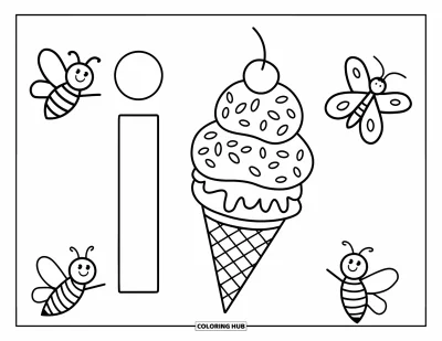 Coloriage de la lettre I pour enfants : Une abeille, un papillon et une fourmi se rassemblent autour des lettres I et i près d'un cornet surmonté d'une cerise