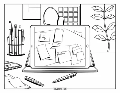 Coloriage de la lettre I pour enfants : Un bureau encombré avec une tablette numérique entourée de stylos, de notes et d'une plante en pot