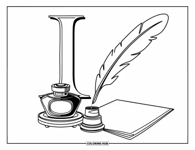 Coloriage de la lettre I pour enfants : Une plume trempée dans l'encre, un encrier et la lettre « I » reposent sur un présentoir en bois