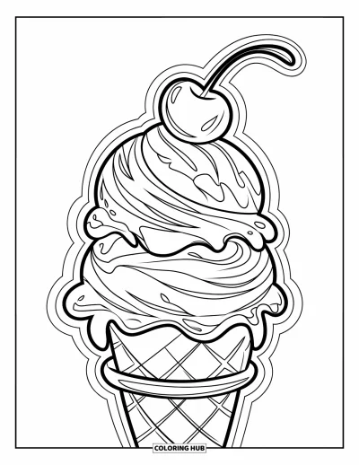 Coloriage de la lettre I pour enfants : Un cornet dynamique à trois boules surmonté d'une cerise juteuse tourbillonne joyeusement